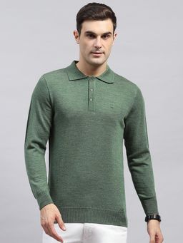 Monte Carlo - Men Solid Green Collar Neck Full Sleeve Polo T-Shirt
