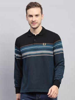 Monte Carlo - Men Striped Blue Collar Neck Full Sleeve Polo T-Shirt