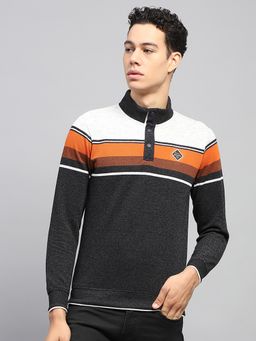 Monte Carlo - Men Striped Black High Neck Full Sleeve Sweatshirt