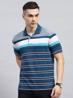 Monte Carlo - Men Blue Striped Collar Neck Half Sleeve Polo T-Shirt