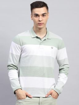 Monte Carlo - Men Striped Green Collar Neck Full Sleeve Polo T-Shirt