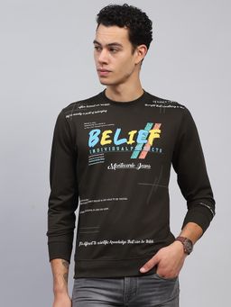 Monte Carlo - Men Typography Printed Olive Round Neck Full Sleeve Sweatshirt