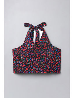 Taffy - Black Floral Printed Halter Neck Back Tie Up Crop Top