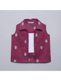 Taffy - Purple Embroidered Sleeveless Shirt with Crop Top