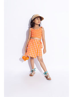Taffy - Orange Smocking Checks Tie-Up Crop Top & Skirt