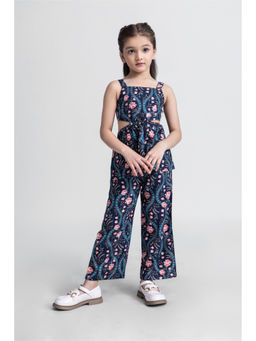 Taffy - Navy Blue Floral Printed Back Tie-Up Tier Top & Pant