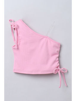 Taffy - Pink Rib One Shoulder Neck Ruched Crop Top