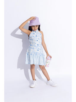 Taffy - White Paisley Printed Halter Neck Frill A-Line Dress with Belt