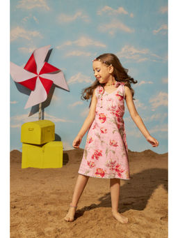 Taffy - Pink Floral Printed Lace Detail Shoulder Tie Dress