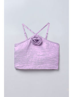 Taffy - Satin Purple Rose Detail Halter Party Crop Top