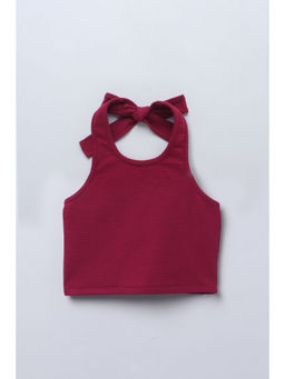 Taffy - Maroon Textured Halter Neck Back Tie-Up Crop Top
