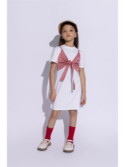 Taffy - White Half Sleeves Textured T-Shirt Dress with Singlet Over Top