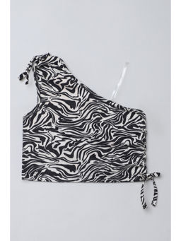 Taffy - Black Printed One Shoulder Neck Ruched Crop Top