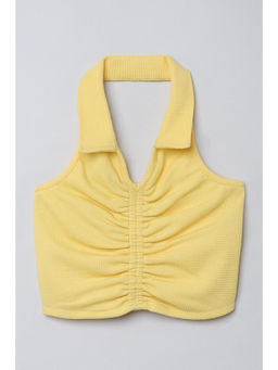 Taffy - Yellow Ruched Halter Neck Collar Crop Top