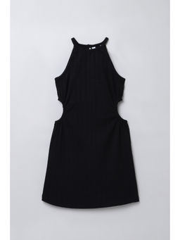 Taffy - Black Textured Halter Neck Circle Ruched Dress