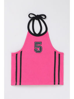 Taffy - Pink Tape & Badge Detail Halter Neck Crop Top