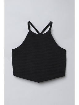 Taffy - Black Textured Halter Party Crop Top