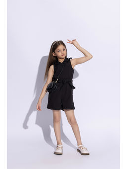 Taffy - Black Solid Blazer Playsuit with Belt