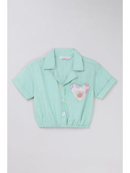 Taffy - Green Half Sleeves Heart Pocket Detailed Crop Top