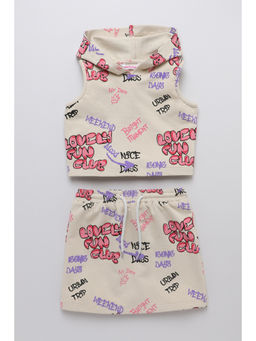 Taffy - Beige Graffiti Printed Hooded Crop Top & Skirt