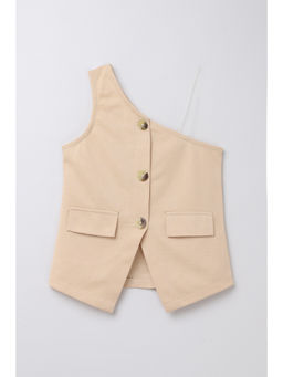 Taffy - Beige Checks One Shoulder Front Slit Top