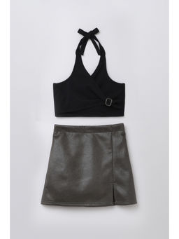 Taffy - Black Back Tie Up Halter Crop Top & Skirt