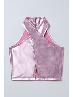 Taffy - Pink Metallic Wrap Halter Neck Party Crop Top