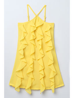 Taffy - Yellow Woven Sleeveless Cascade Ruffle Aline Dress