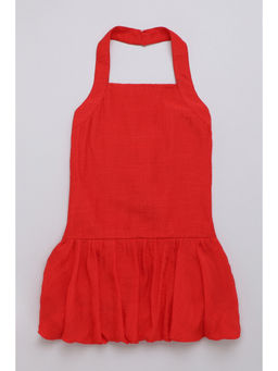 Taffy - Red Linen Woven Halter Neck Bubble Hem Dress