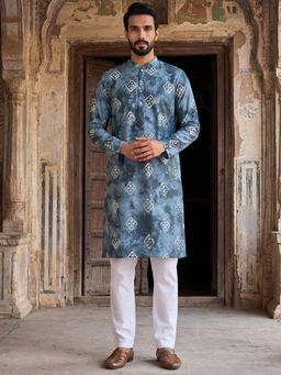 ETHNIC BAY - Men Silk Blend Batik Embroidered Straight Blue Kurta