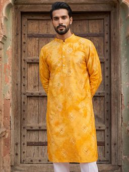 ETHNIC BAY - Men Silk Blend Batik Embroidered Straight Yellow Kurta