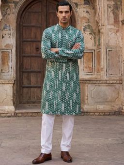ETHNIC BAY - Men Viscose Rayon Shibori Embroidered Straight Green Kurta