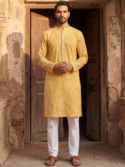 ETHNIC BAY - Men Viscose Rayon Shibori Embroidered Straight Yellow Kurta