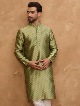 ETHNIC BAY - Men Green Silk Blend Woven Design Straight Kurta