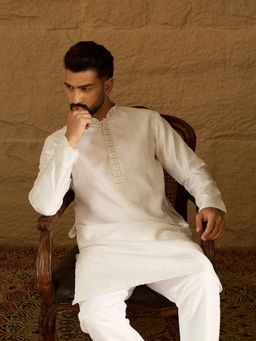 ETHNIC BAY - Men White Silk Blend Printed Straight Kurta with Pyjama
