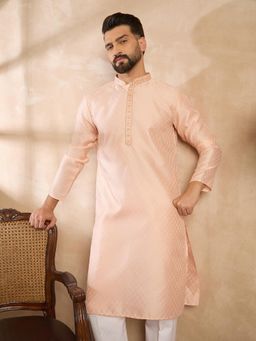 ETHNIC BAY - Men Polyester Peach Self Design Kurta
