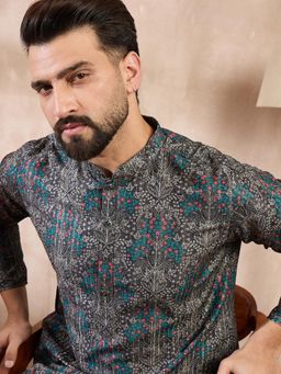 ETHNIC BAY - Men Silk Blend Black Floral Kurta