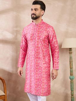 ETHNIC BAY - Men Silk Blend Pink Geometric Kurta