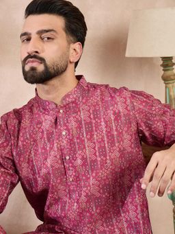 ETHNIC BAY - Men Silk Blend Pink Printed Kurta