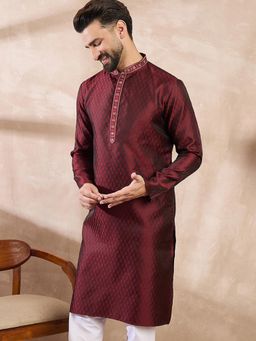 ETHNIC BAY - Men Silk Blend Maroon Self Design Kurta
