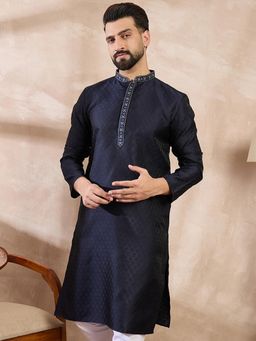 ETHNIC BAY - Men Silk Blend Navy Blue Self Design Kurta