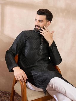 ETHNIC BAY - Men Silk Blend Black Self Design Kurta