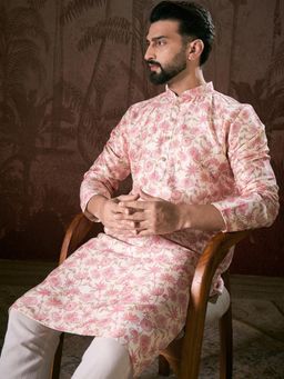 ETHNIC BAY - Men Silk Blend Off White Floral Kurta