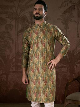 ETHNIC BAY - Men Silk Blend Printed Green Kurta