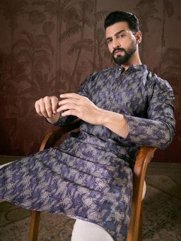 ETHNIC BAY - Men Silk Blend Full Sleeves Printed Purple Kurta