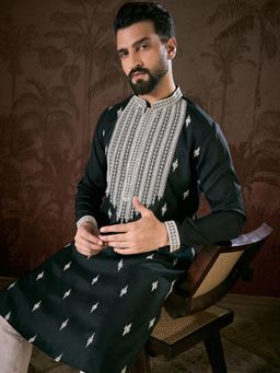 ETHNIC BAY - Men Silk Blend Embroidered Black Kurta