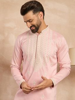 ETHNIC BAY - Men Silk Pink Embroidered Kurta with Pyjama