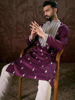 ETHNIC BAY - Men Silk Blend Purple Embroidered Kurta with Pyjama
