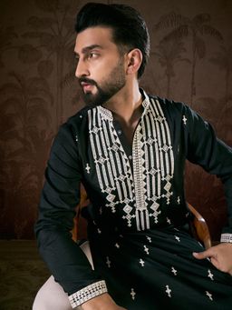 ETHNIC BAY - Men Silk Blend Black Embroidered Kurta with Pyjama