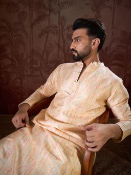 ETHNIC BAY - Men Silk Blend Cream Abstract Kurta with Pyjama